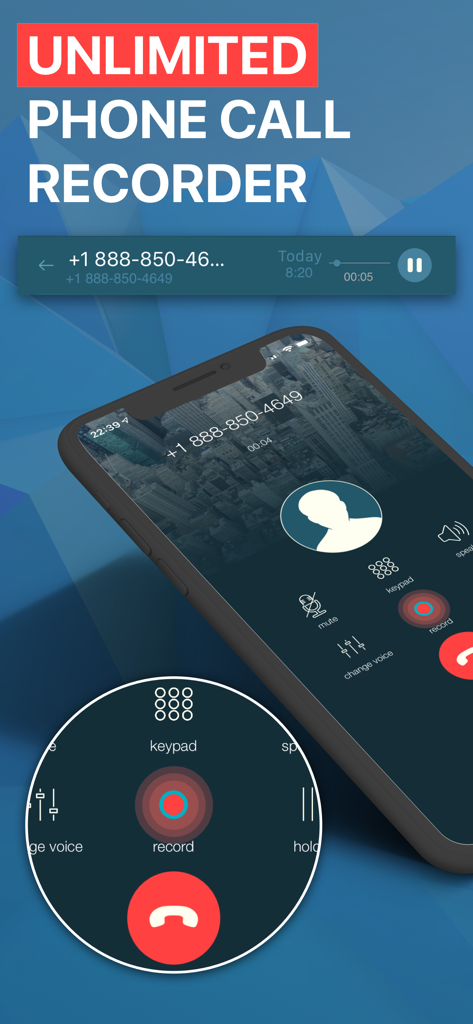 Callbacker app interface showing the unlimited phone call recorder and active call screen