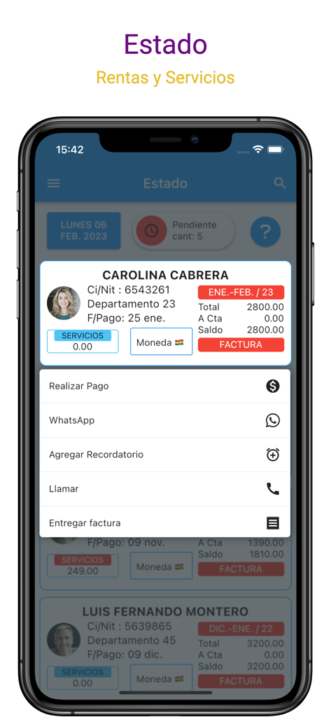 Interface do aplicativo Meus Aluguéis mostrando uma tela de status de pagamento do inquilino e um menu de gestão com opções para lembretes via WhatsApp e chamadas