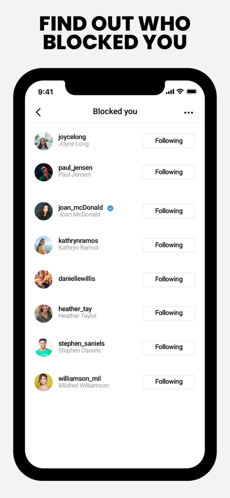 FollowMeter app screen showing a list of accounts that blocked the user on Instagram