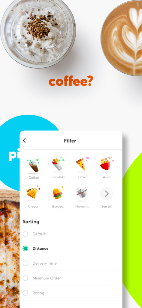 음식 카테고리 필터와 거리순 정렬을 표시하는 Foody Cyprus 앱 화면.