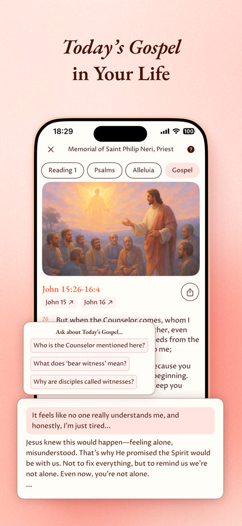 Grace Catholic Companion app interface showing a daily Gospel reading with an interactive AI spiritual chat.