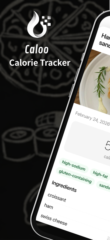 Caloo - Track Your Calories - Caloo app interface showing calorie tracking with food ingredients and nutritional labels
