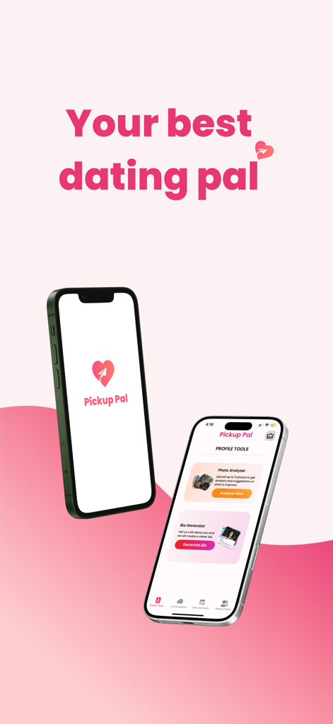 Pickup Pal AI - Two smartphones showing the Pickup Pal AI app interface and profile optimization tools