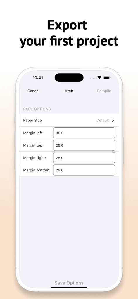 Écran des paramètres d'exportation de l'application Scrivener pour les marges de page du brouillon et la mise en page