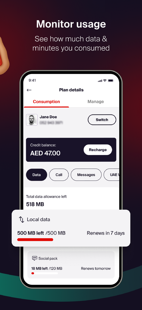Interfaz de la aplicación móvil que muestra el consumo de datos en tiempo real y saldo de crédito para un plan de telecomunicaciones