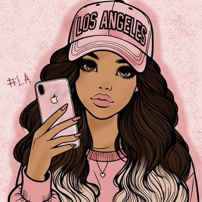 realistic beautiful girl wearing los ángeles cap holding an iphone