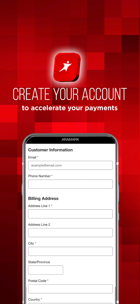My Aramark - My Aramark app account creation screen showing customer information and billing address fields