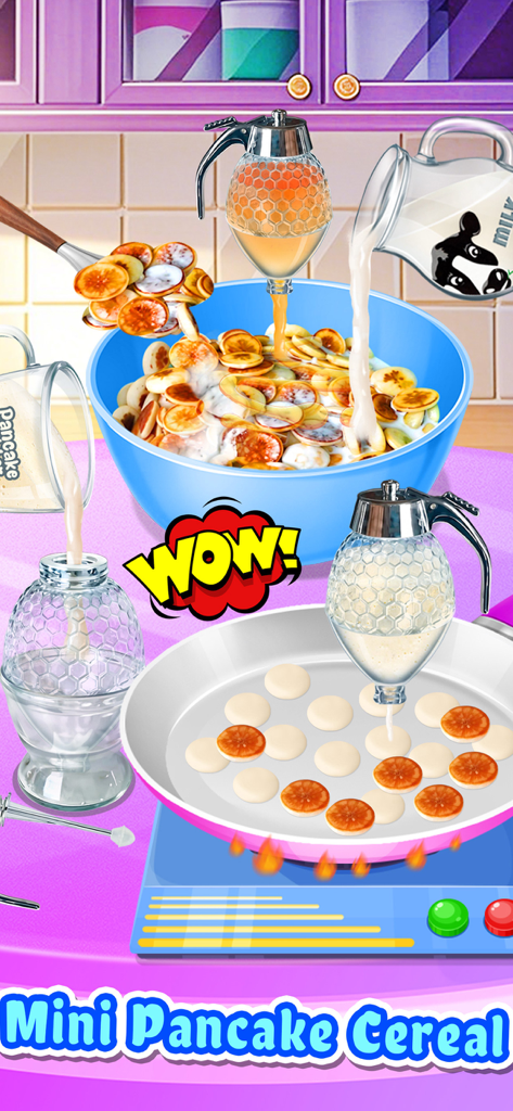 Gameplay showing mini pancake cereal preparation with milk and syrup in a virtual kitchen
