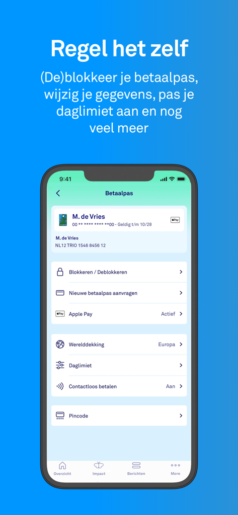 Triodos Bankieren NL - Triodos Bank mobile app screen for managing debit card features like blocking cards and daily limits
