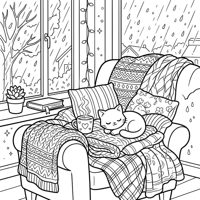 Embrace the ultimate comfort with this delightful coloring page featuring an armchair piled high with soft blankets and a napping cat. It's the perfect scene to color during a quiet rainy day indoors.