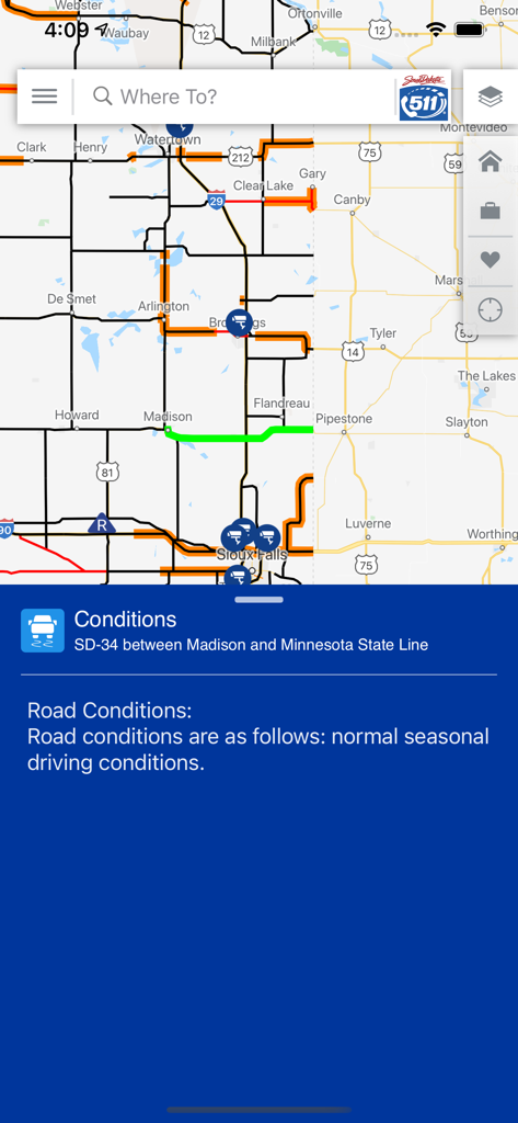 SDDOT 511 - SDDOT 511 app map showing South Dakota road conditions and traffic alerts