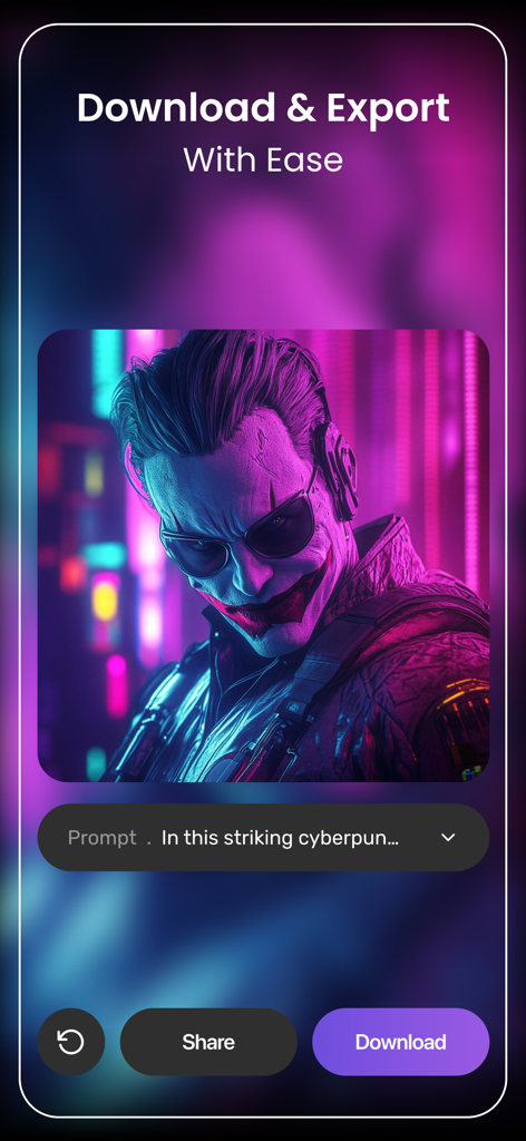 AI Image Generator - Magica - Magica AI 앱 인터페이스는 사이버펑크 스타일의 AI 생성 캐릭터와 이미지 다운로드 및 공유 옵션을 보여줍니다.
