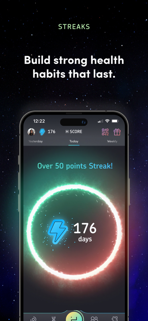 Humanity app interface showing a 176 day streak for building consistent health habits