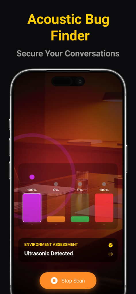 Vulk: Camera Tracker Detector - Vulk app interface showing acoustic bug finder scanning for hidden listening devices with ultrasonic signals detected