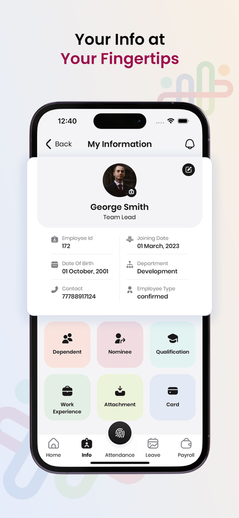 HR HUB app employee profile screen showing personal information and self-service options