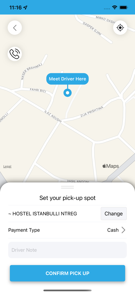 Blue Taxi - Blue Taxi mobile app interface for selecting a pick-up location on a map.
