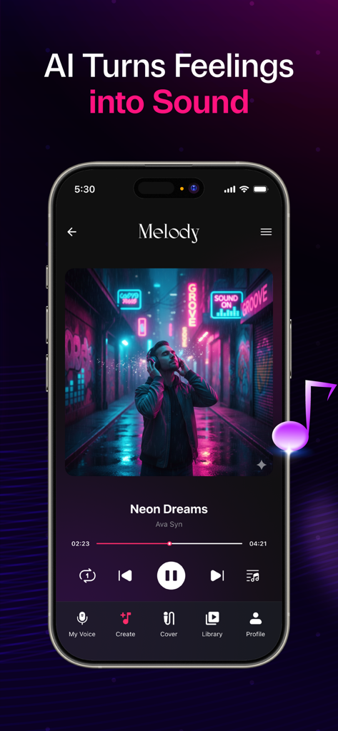 Smartphone screen showing the MelodyCraft AI music player interface playing the song Neon Dreams.