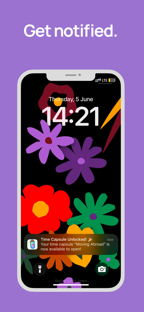 iPhone lock screen showing a DearFuture app notification for an unlocked time capsule titled Moving Abroad