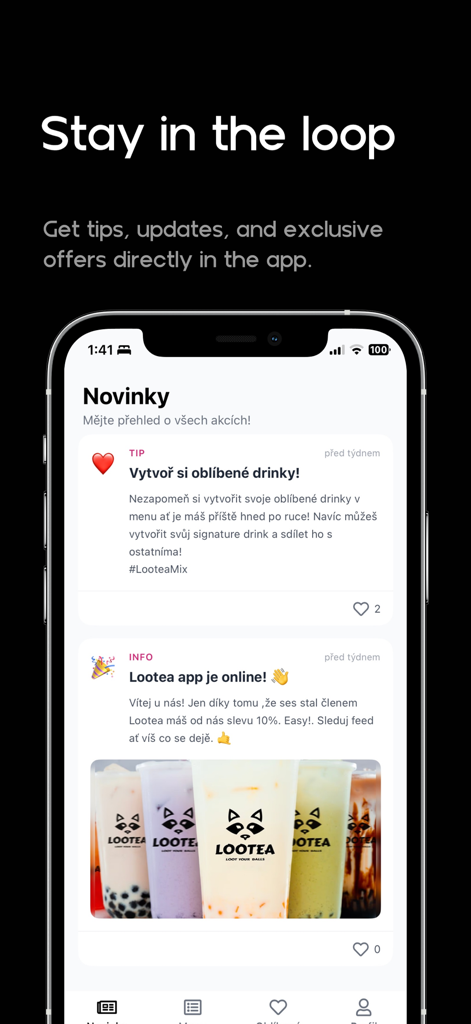 Lootea - Lootea mobile app news feed screen with updates and boba tea offers