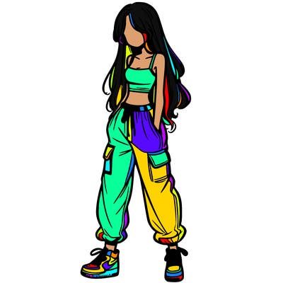 girl in baggy pants crop top and long hair
