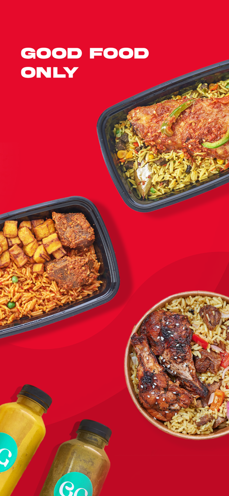 Uma seleção de refeições selecionadas e bebidas engarrafadas do aplicativo de entrega FoodCourt em um fundo vermelho