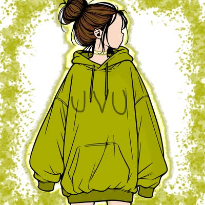 realistic girl with a oversized sweatshirt on and a bun