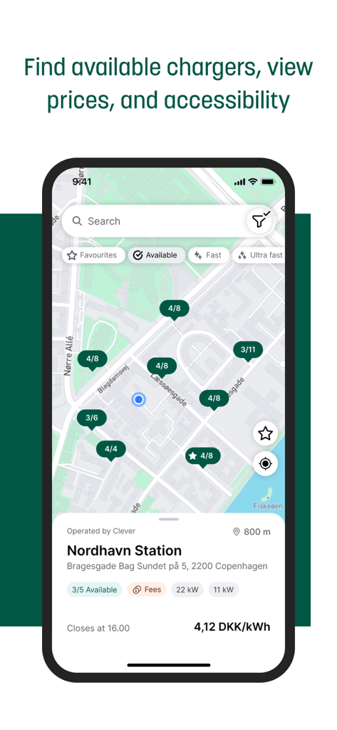 Map interface of the Verdo Opladning app showing available EV chargers and current pricing