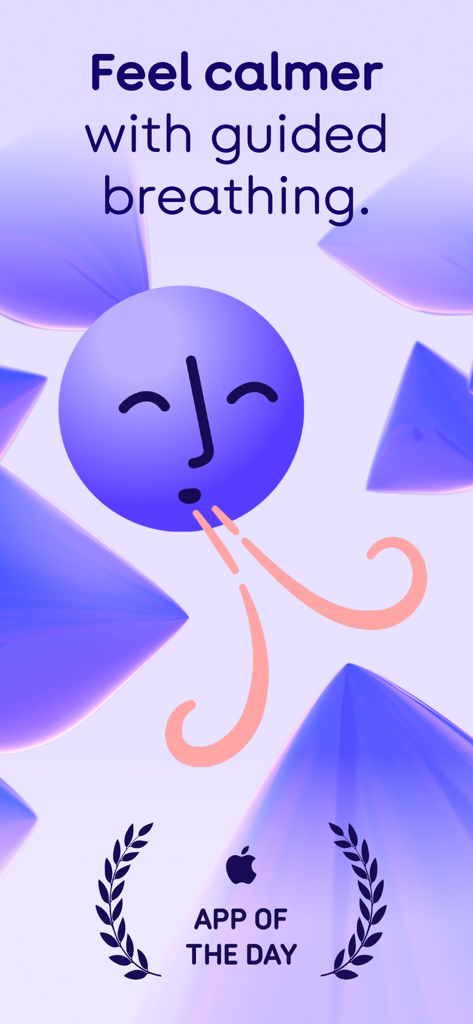 Pantalla de la aplicación Lungy mostrando un personaje estilizado respirando y la insignia de premio Apple App of the Day