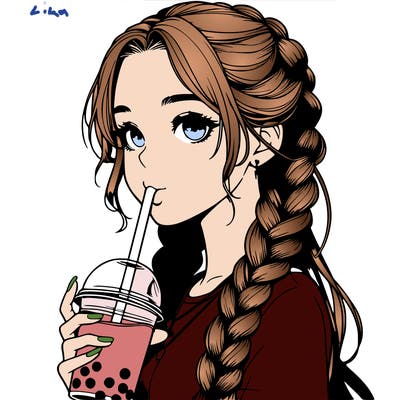 realistic girl with braided hair drinking boba