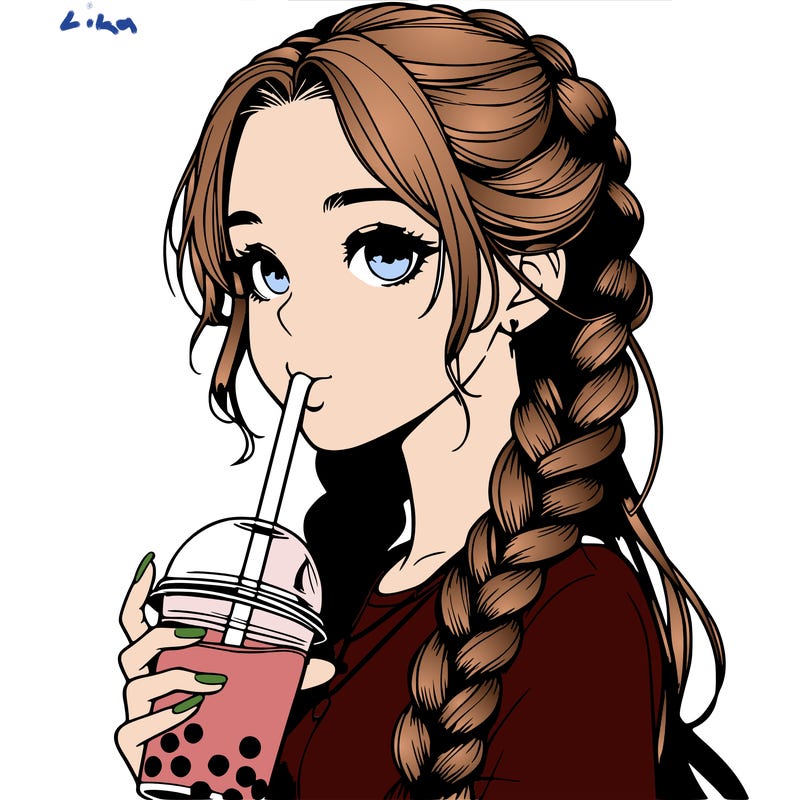 realistic girl with braided hair drinking boba