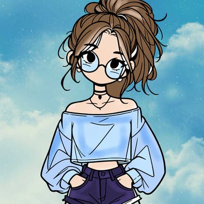 girl with a messy ponytail glasses a baggy crop top and jean shorts