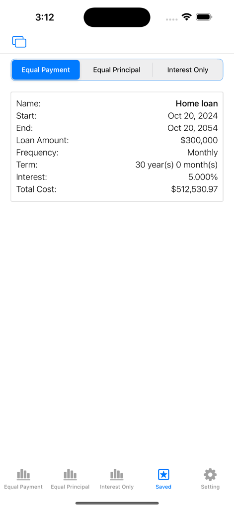 Loan Calculator - Home Payment - Tela de cálculo de financiamento mostrando um empréstimo residencial de 300.000 dólares com um prazo de 30 anos e taxa de juros de 5 por cento.