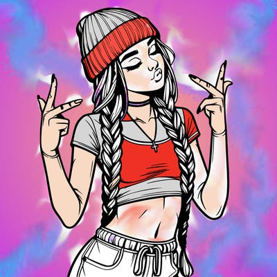 realistic teenage girl with braids and a beanie and crop top doing 🫶🏼