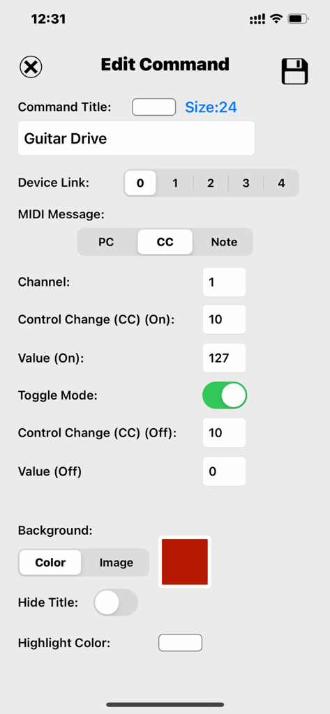MC Pad - Bluetooth MIDI - Editing a MIDI CC command in MC Pad with toggle mode enabled for a Guitar Drive preset.