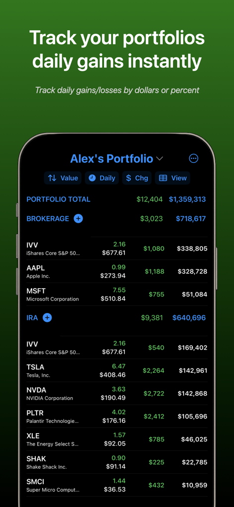 My Pocket Portfolio - Dashboard of My Pocket Portfolio showing daily gains and stock holdings across multiple investment accounts