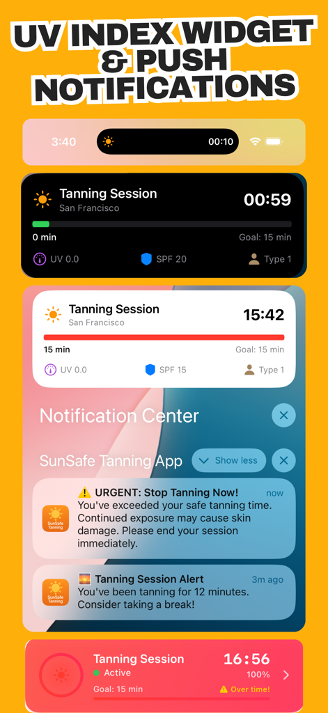 Interface of the SunSafe tanning app showing real-time UV index widgets and safety push notifications for sun exposure tracking.