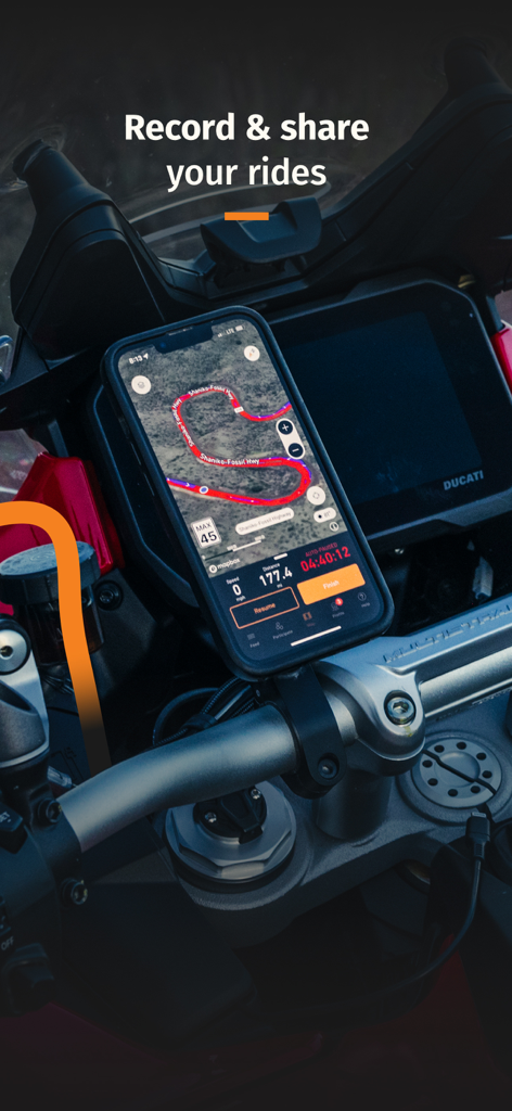 Smartphone mounted on a motorcycle handlebar tracking a ride with the REVER GPS app