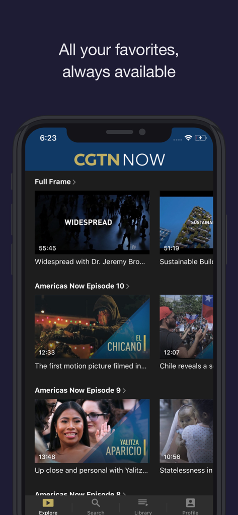 The CGTN Now mobile app displaying various news episodes and video content about global affairs