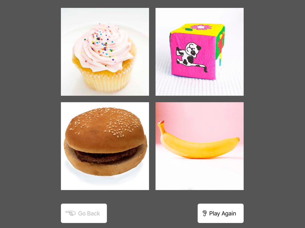 Interfaccia di valutazione della ricerca clinica che mostra quattro immagini: un cupcake, un cubetto giocattolo, un hamburger e una banana.