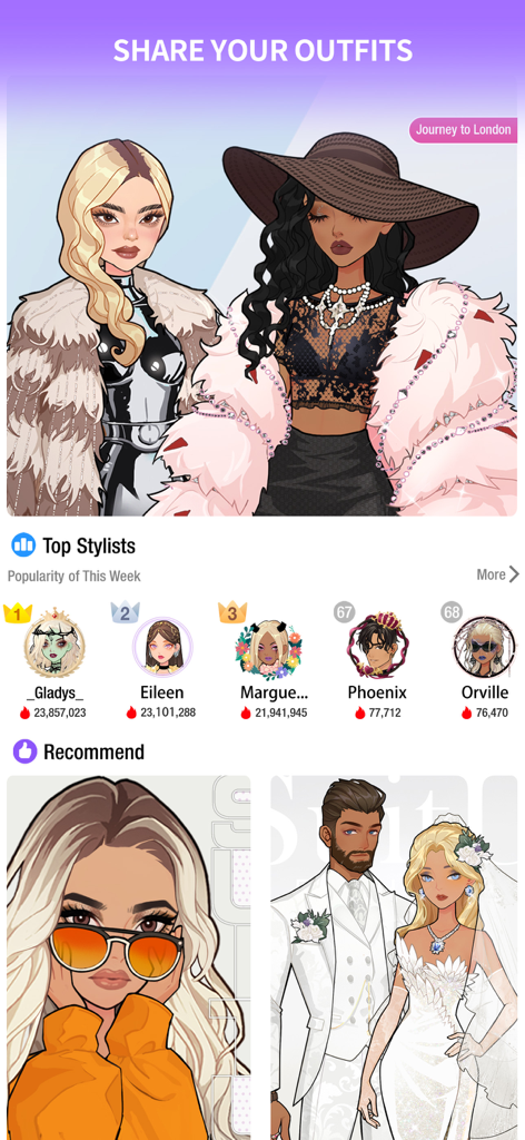 SuitU app screenshot showing shared fashion outfits, a top stylists leaderboard, and recommended avatar styles