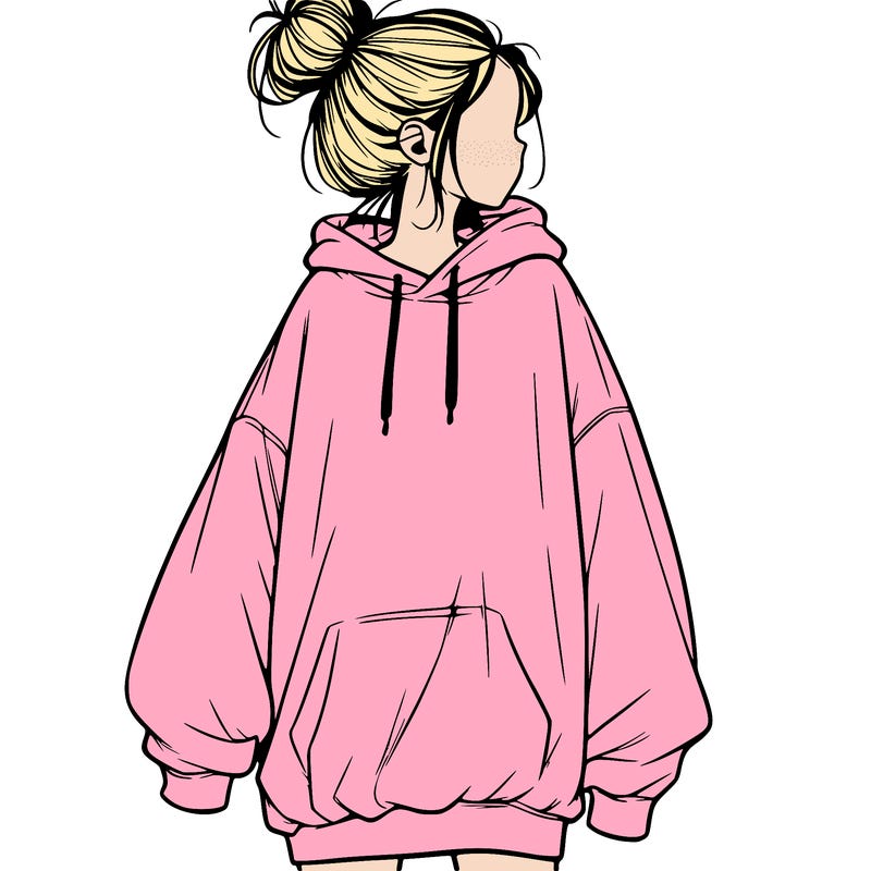 realistic girl with a oversized sweatshirt on and a bun