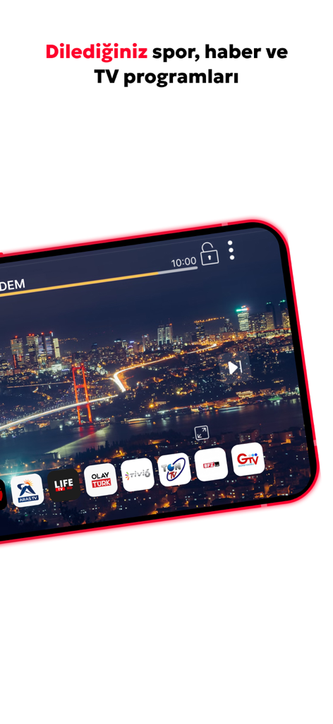 TV İzle: Watch Shows & Films - App di streaming TV turca in diretta che mostra icone di canali e uno skyline notturno su un telefono cellulare