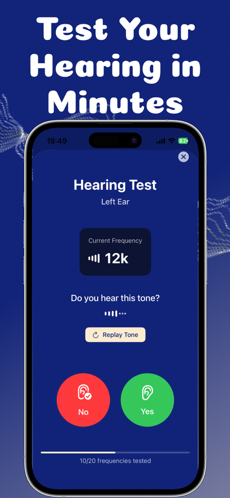 Hearing Aid – Sound Amplifier - iPhoneインターフェースに12kの聴力テスト周波数と、はい、いいえボタンが表示されています