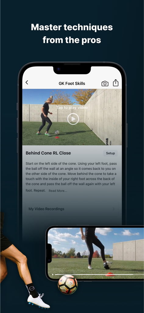 Techne Futbol: Soccer Training - Smartphone affichant une vidéo d'entraînement de football professionnel pour les compétences de pied des gardiens de but