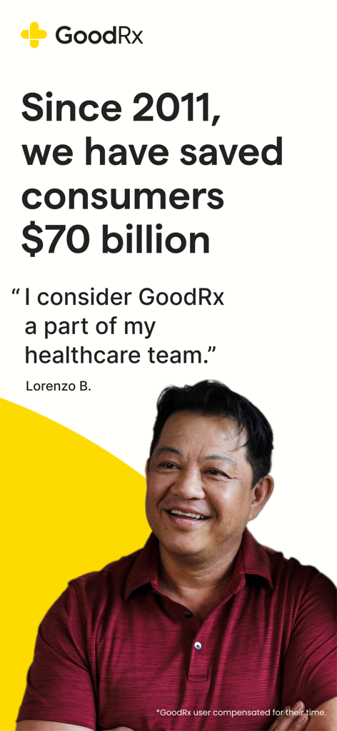 GoodRx promotional screen highlighting 70 billion dollars in consumer savings with a user testimonial