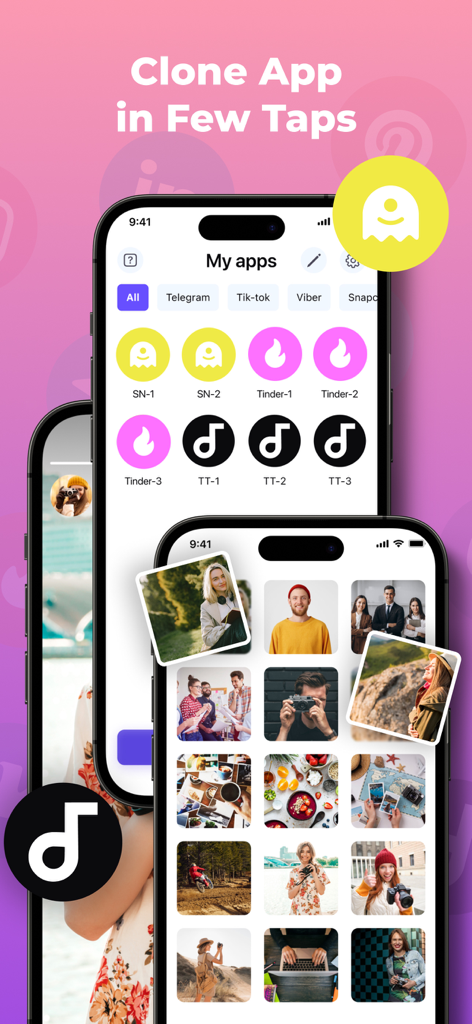 Interface of Dual Space app showing multiple cloned social media and dating account icons on an iPhone