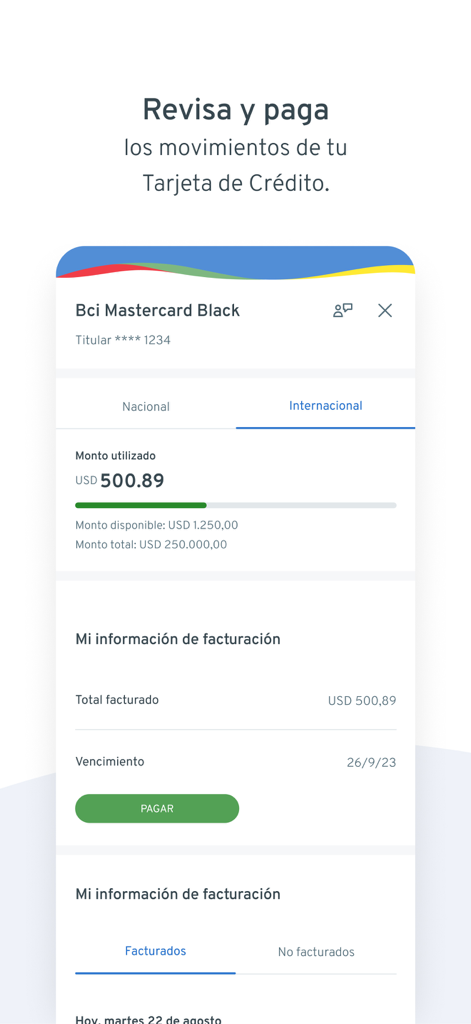 Interfaz de la aplicación Bci Pyme que muestra detalles de facturación de tarjetas de crédito internacionales y un botón de pago