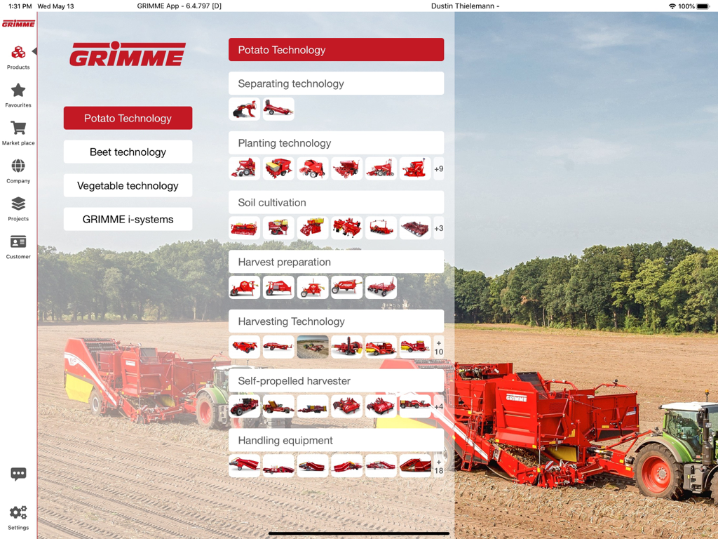 GRIMME - The GRIMME app interface displaying various potato technology categories and agricultural machinery on an iPad screen.