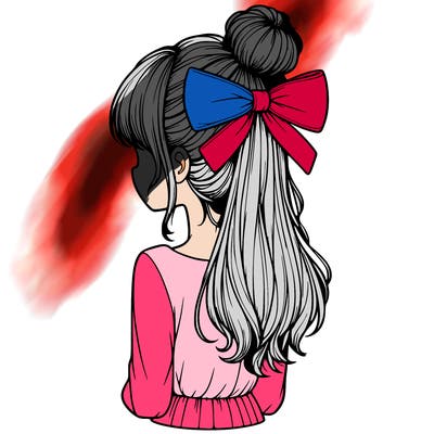 realistic girl  with hip length hair a bun and a big bow on the back of head