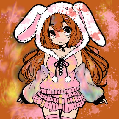 pretty anime girl wearing a fluffy hoodie with bunny ears on the hood and a skirt